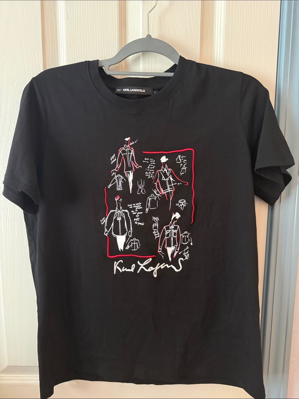 Karl Lagerfeld Black Tee with Red & White Sketch